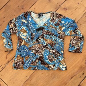 Vintage V-neck Blue and brown Paisley cheetah print bedazzled shirt top